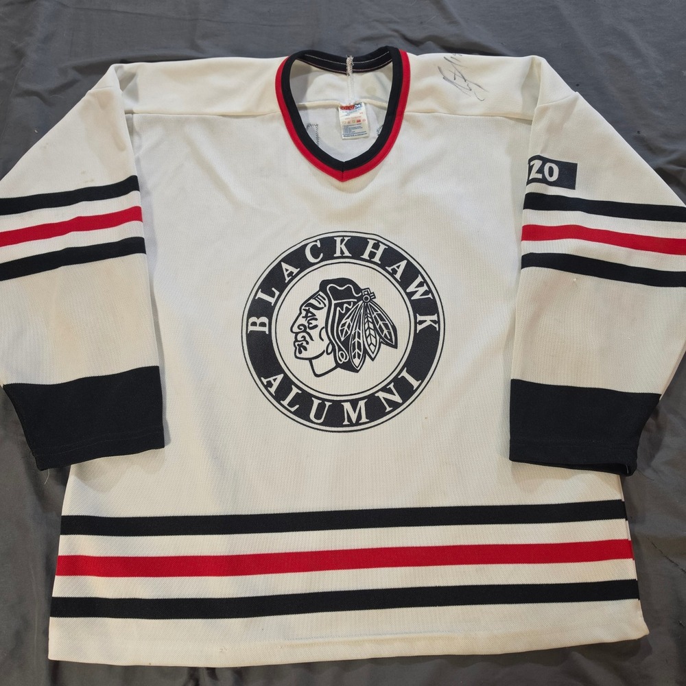 Vintage 90s Chicago Blackhawks Alumni Jersey CCM Maska Signed Auto Block Logo